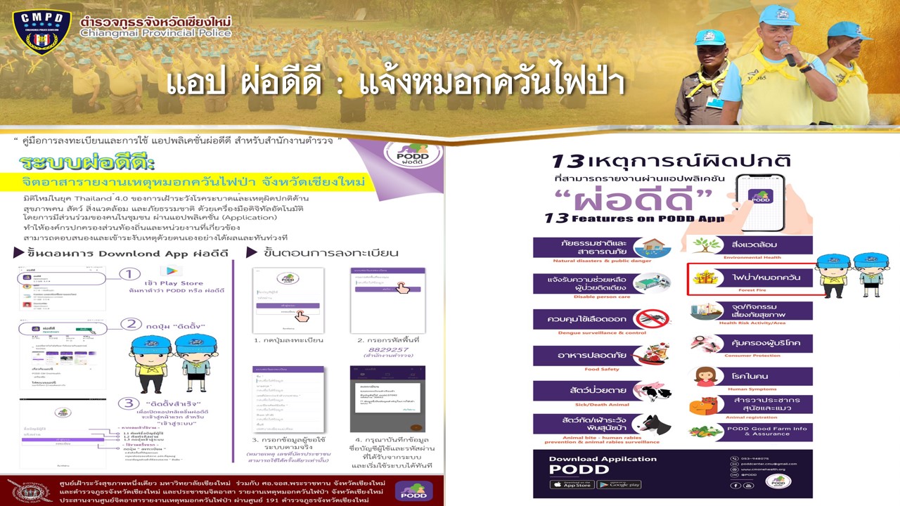 ตำรวจภูธรจังหวัดเชียงใหม่ จับมือศูนย์เฝ้าระวังสุขภาพหนึ่งเดียว มหาวิทยาลัยเชียงใหม่ เฝ้าระวังและระงับเหตุเมื่อพบการเกิดเหตุไฟป่า/ไฟไหม้ ผ่านแอปพลิเคชั่น PODD “ผ่อดีดี” ตำรวจภูธรจังหวัดเชียงใหม่ จับมือศูนย์เฝ้าระวังสุขภาพหนึ่งเดียว มหาวิทยาลัยเชียงใหม่ เฝ้าระวังและระงับเหตุเมื่อพบการเกิดเหตุไฟป่า/ไฟไหม้ ผ่านแอปพลิเคชั่น PODD “ผ่อดีดี”
