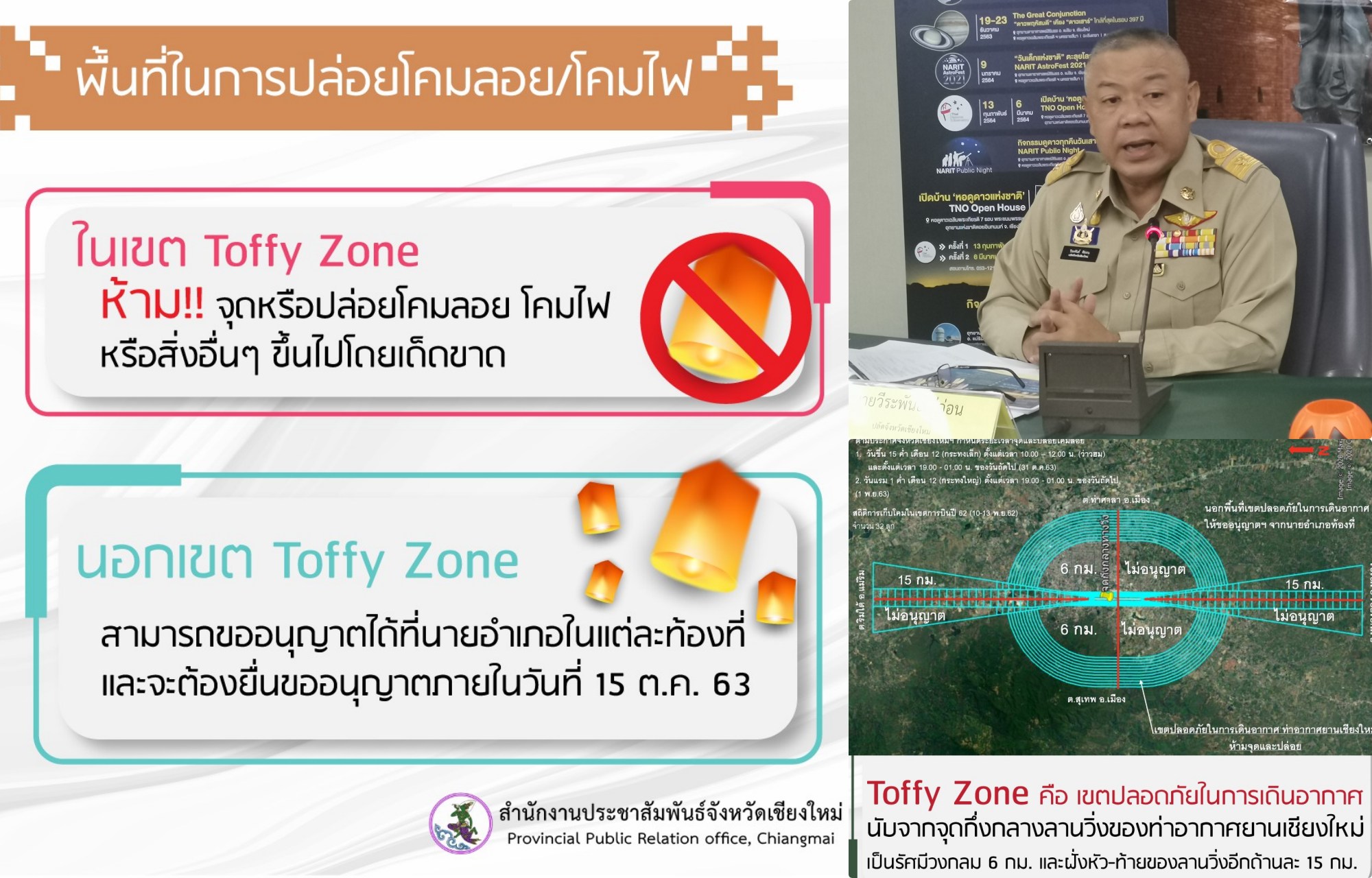 ที่ทำการปกครองอำเภออนุญาตให้มีการปล่อยในพื้นที่รวมทั้งสิ้น 10 อำเภอ โดยอนุญาตให้จุดและปล่อยฯ โคมลอย/โคมไฟ รวมทั้งสิ้น 15,909 โคม และอนุญาตโคมควัน ทั้งสิ้น 22 โคม ที่ทำการปกครองอำเภออนุญาตให้มีการปล่อยในพื้นที่รวมทั้งสิ้น 10 อำเภอ โดยอนุญาตให้จุดและปล่อยฯ โคมลอย/โคมไฟ รวมทั้งสิ้น 15,909 โคม และอนุญาตโคมควัน ทั้งสิ้น 22 โคม