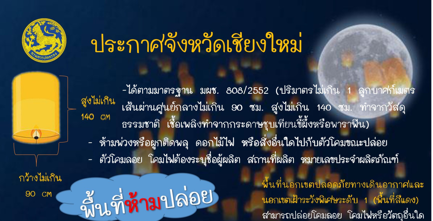 ส่งท้ายปีเก่าต้อนรับปีใหม่ 2564 ห้ามปล่อยโคมทั้งจังหวัดเชียงใหม่ ประกาศจังหวัดถึงมาตรการการจุดและปล่อยโคมลอยโคมไฟ ฉบับใหม่ มีผลบังคับใช้แล้ว ลงประกาศราชกิจานุเบกษาเมื่อ 25 ธ.ค. 63 ที่ผ่าน ส่งท้ายปีเก่าต้อนรับปีใหม่ 2564 ห้ามปล่อยโคมทั้งจังหวัดเชียงใหม่ ประกาศจังหวัดถึงมาตรการการจุดและปล่อยโคมลอยโคมไฟ ฉบับใหม่ มีผลบังคับใช้แล้ว ลงประกาศราชกิจานุเบกษาเมื่อ 25 ธ.ค. 63 ที่ผ่าน