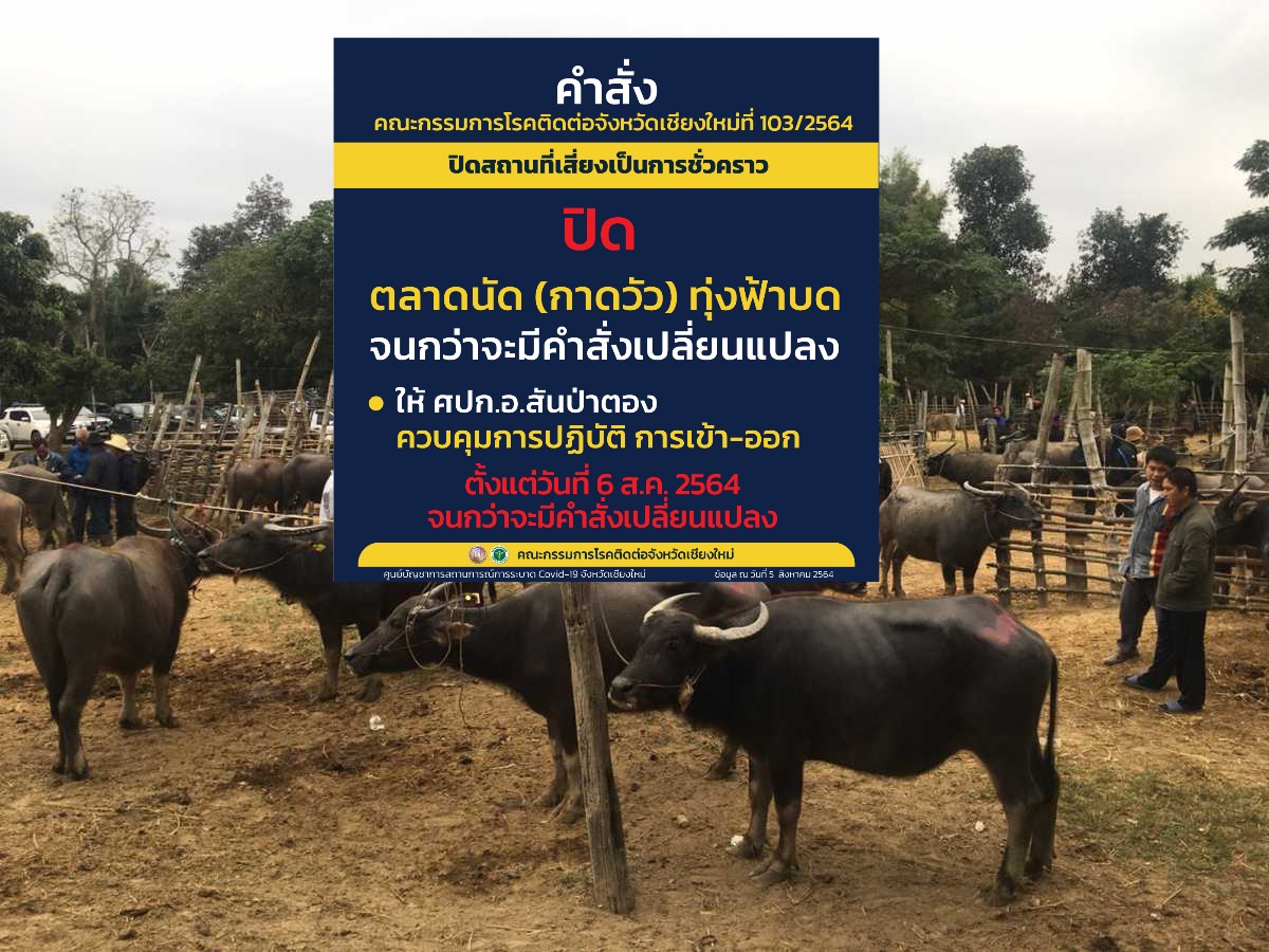 สั่งปิด ตลาดนัดทุ่งฟ้าบด (กาดวัว) และหมู่ที่ 15 ตำบลยุหว่า อำเภอสันป่าตอง เพื่อลดความเสี่ยงในการแพร่ระบาดของโรคโควิด-19 ในพื้นที่ สั่งปิด ตลาดนัดทุ่งฟ้าบด (กาดวัว) และหมู่ที่ 15 ตำบลยุหว่า อำเภอสันป่าตอง เพื่อลดความเสี่ยงในการแพร่ระบาดของโรคโควิด-19 ในพื้นที่