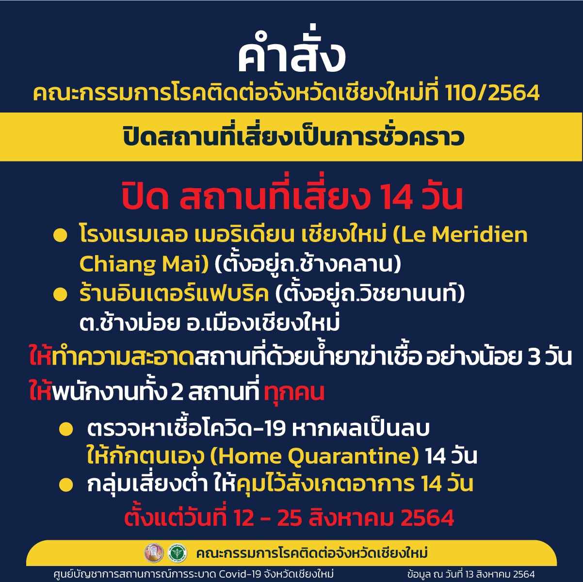 สั่งปิดโรงแรมเลอ เมอริเดียน เชียงใหม่ (Le Meridien Chiang Mai) และร้านอินเตอร์แฟบริค หลังพบการระบาดเป็นกลุ่มก้อน สั่งปิดโรงแรมเลอ เมอริเดียน เชียงใหม่ (Le Meridien Chiang Mai) และร้านอินเตอร์แฟบริค หลังพบการระบาดเป็นกลุ่มก้อน