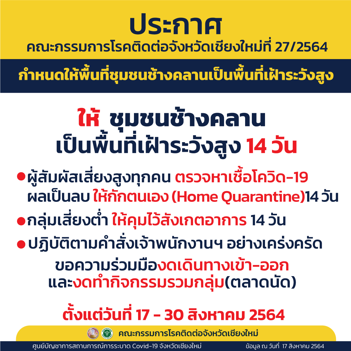 ประกาศให้ชุมชนช้างคลาน เป็นพื้นที่เฝ้าระวังสูง ประกาศให้ชุมชนช้างคลาน เป็นพื้นที่เฝ้าระวังสูง