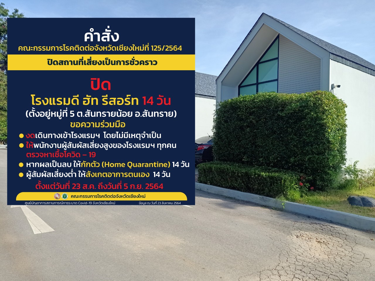 จังหวัดเชียงใหม่ สั่งปิดโรงแรม ดี ฮัท รีสอร์ท ตำบลสันทรายน้อย อำเภอสันทราย เป็นเวลา 14 วัน พร้อมแจ้งความดำเนินคดีกับเจ้าของโรงแรมและผู้เช่า ผู้ร่วมกิจกรรมปาร์ตี้ จังหวัดเชียงใหม่ สั่งปิดโรงแรม ดี ฮัท รีสอร์ท ตำบลสันทรายน้อย อำเภอสันทราย เป็นเวลา 14 วัน พร้อมแจ้งความดำเนินคดีกับเจ้าของโรงแรมและผู้เช่า ผู้ร่วมกิจกรรมปาร์ตี้