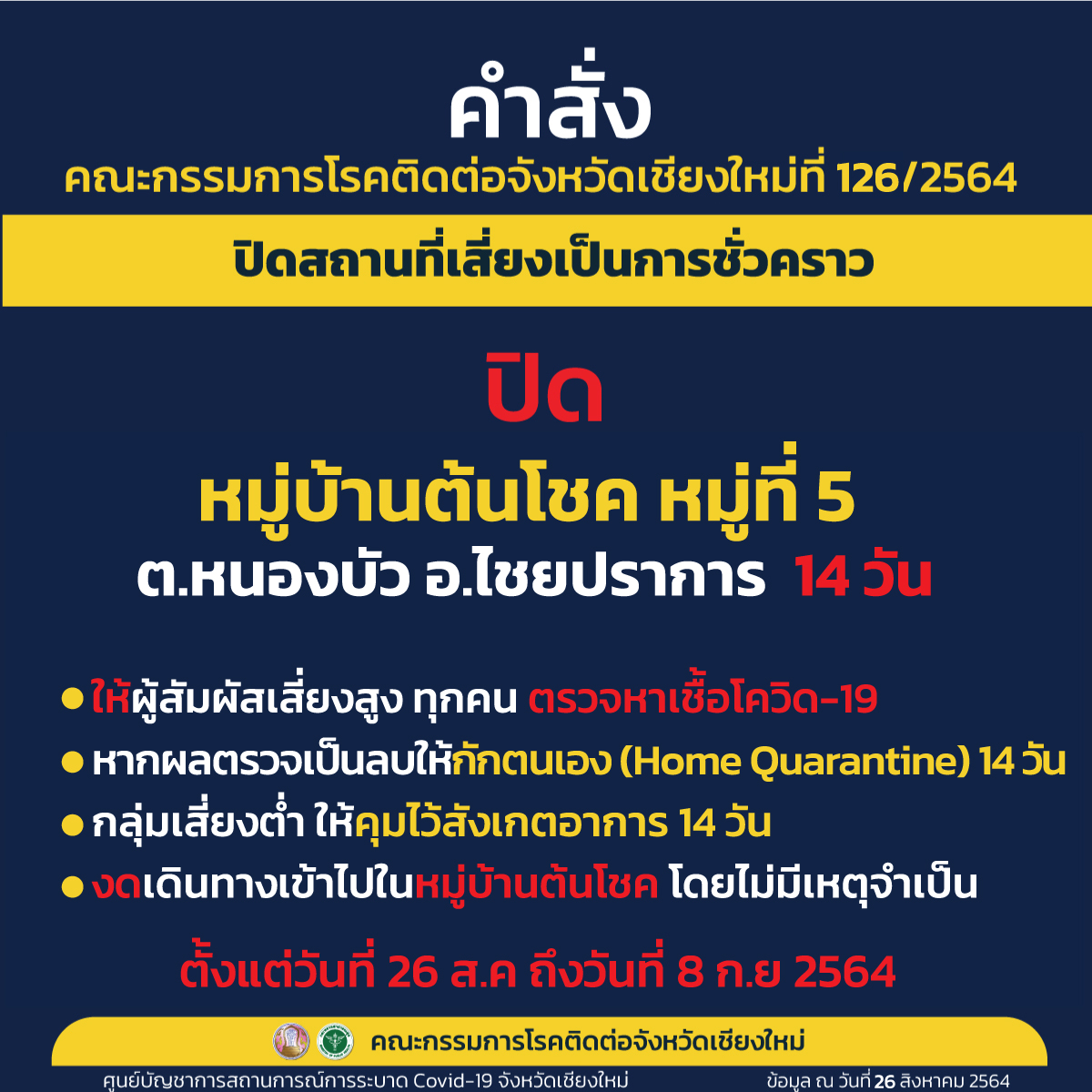 สั่งปิดหมู่บ้านต้นโชค หมู่ 5 อำเภอไชยปราการ เป็นเวลา 14 วัน สั่งปิดหมู่บ้านต้นโชค หมู่ 5 อำเภอไชยปราการ เป็นเวลา 14 วัน