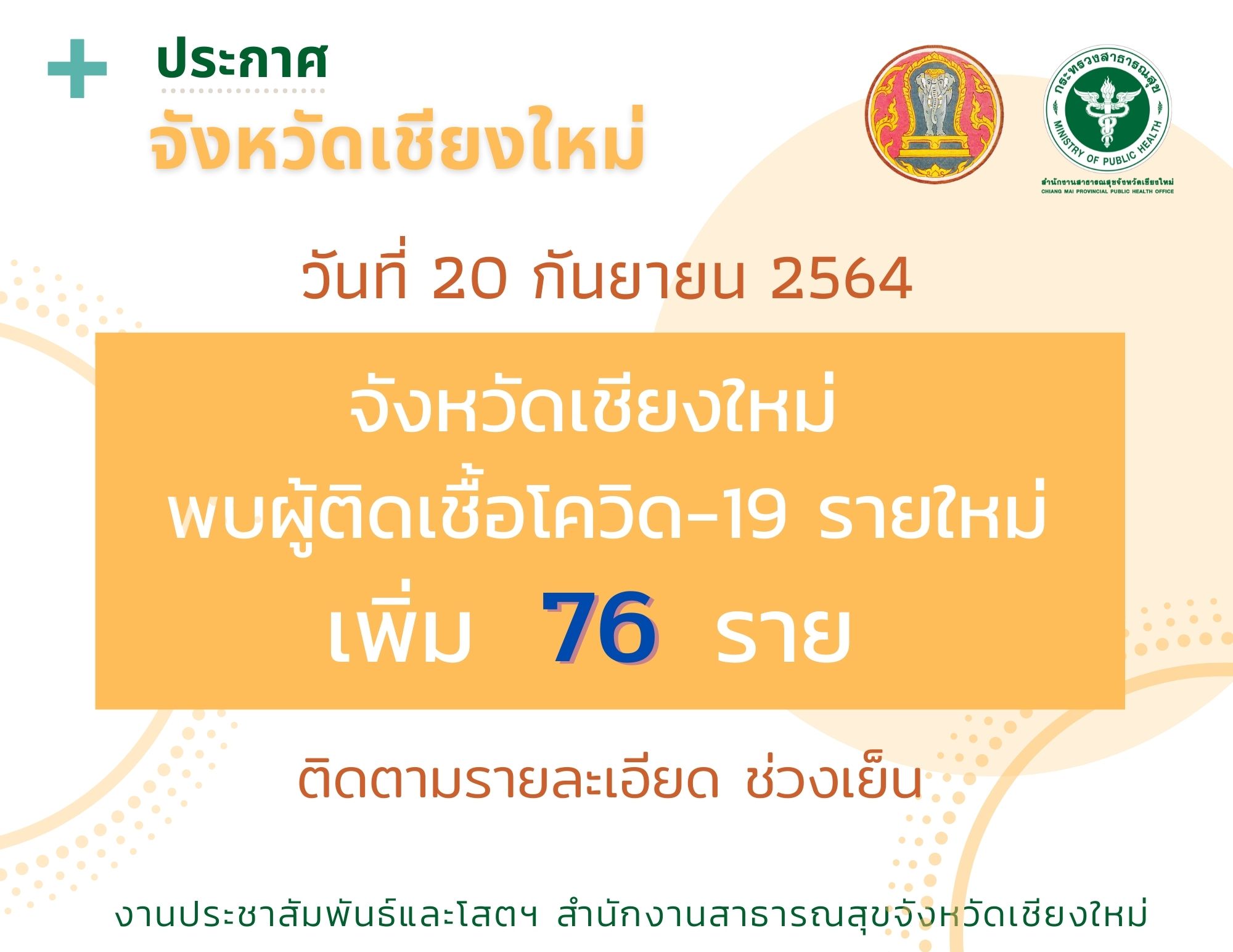 จังหวัดเชียงใหม่ พบผู้ติดเชื้อเพิ่ม 76 ราย ส่วนมากเป็นการติดเชื้อในจังหวัด พร้อมประกาศให้หย่อมบ้าน ตำบลสบโขง และบ้านแม่สะเต ตำบลนาเกียน อำเภออมก๋อย เป็นพื้นที่ควบคุมการเข้าออกและงดกิจกรรมรวมกลุ่ม เพื่อป้องกันการแพร่ระบาดของเชื้อโควิด-19 ในพื้นที่ จังหวัดเชียงใหม่ พบผู้ติดเชื้อเพิ่ม 76 ราย ส่วนมากเป็นการติดเชื้อในจังหวัด พร้อมประกาศให้หย่อมบ้าน ตำบลสบโขง และบ้านแม่สะเต ตำบลนาเกียน อำเภออมก๋อย เป็นพื้นที่ควบคุมการเข้าออกและงดกิจกรรมรวมกลุ่ม เพื่อป้องกันการแพร่ระบาดของเชื้อโควิด-19 ในพื้นที่