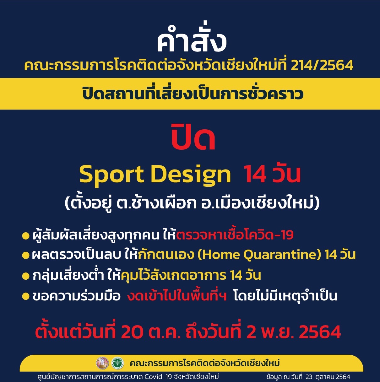 ปิด “ร้าน Sport Design” พร้อมขยายเวลาพื้นที่เฝ้าระวังสูงตลาดนวรัฐ ตลาดเมืองใหม่ ตลาดเมืองสมุทร ตลาด สท.เก๊า ไปอีก 14 วัน ปิด “ร้าน Sport Design” พร้อมขยายเวลาพื้นที่เฝ้าระวังสูงตลาดนวรัฐ ตลาดเมืองใหม่ ตลาดเมืองสมุทร ตลาด สท.เก๊า ไปอีก 14 วัน