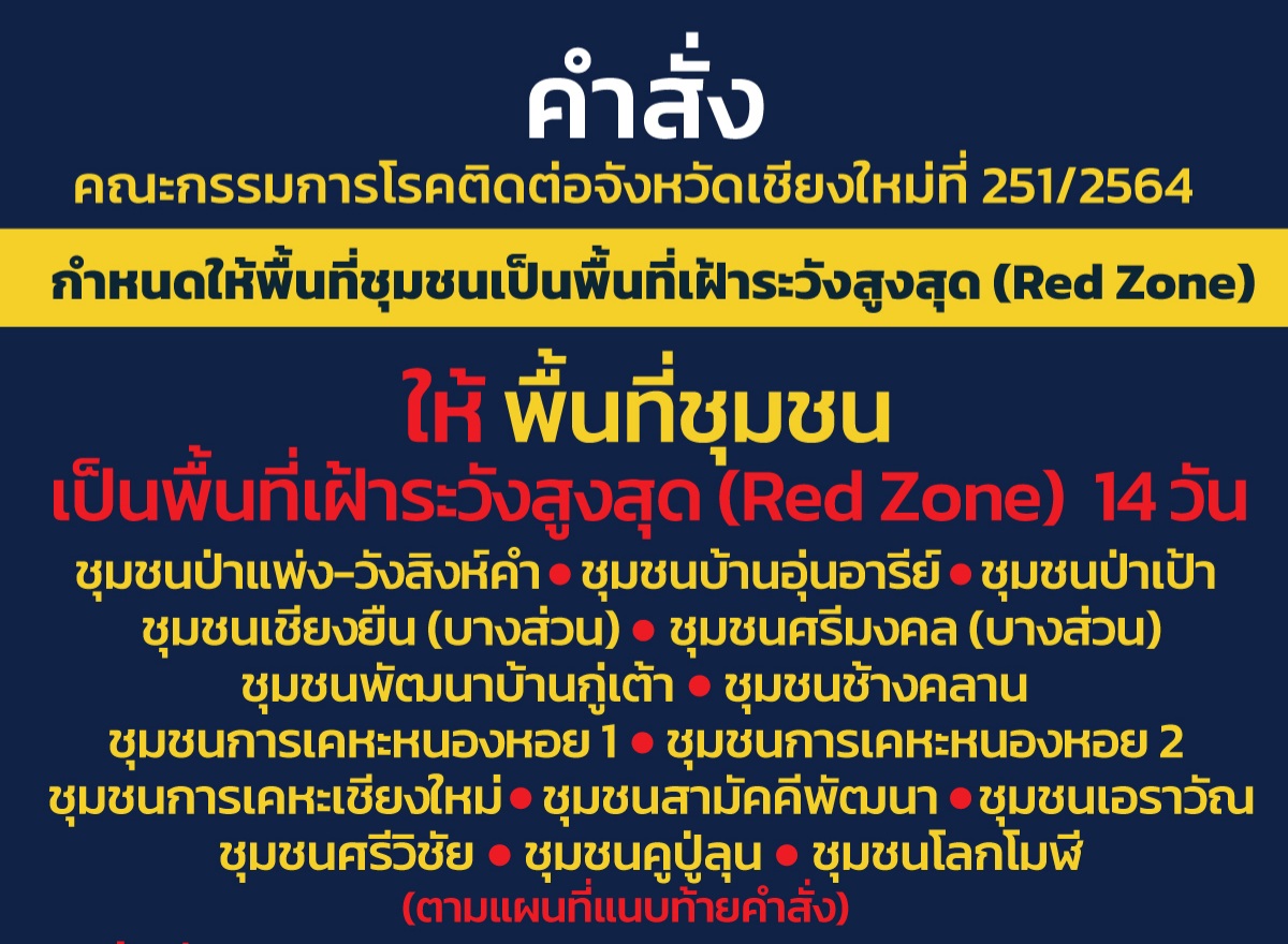 เชียงใหม่ กำหนด 15 ชุมชน เป็นพื้นที่เฝ้าระวังสูงสุด เชียงใหม่ กำหนด 15 ชุมชน เป็นพื้นที่เฝ้าระวังสูงสุด