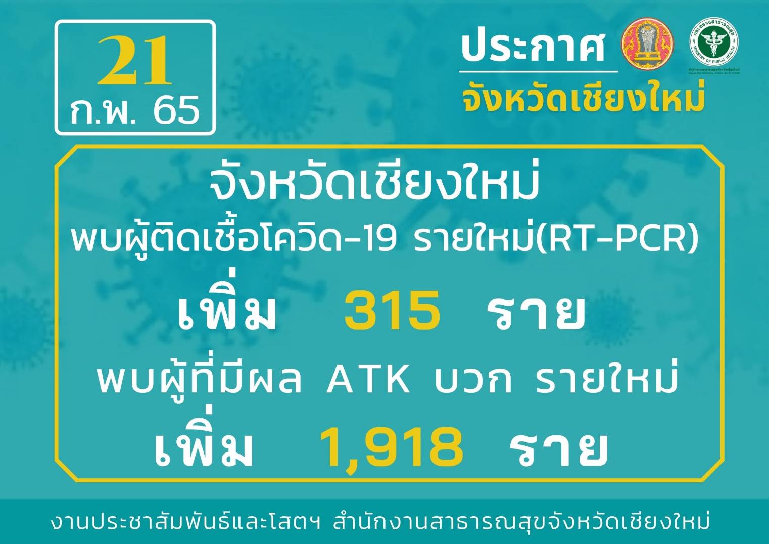 จังหวัดเชียงใหม่ เน้นย้ำประชาชน “การ์ดอย่าตก” แนะกลุ่มเสี่ยงปฏิบัติตนตามมาตรการป้องกันโรคและกักตัวอย่างเคร่งครัด ลดการแพร่เชื้อไปยังครอบครัวและคนใกล้ชิด จังหวัดเชียงใหม่ เน้นย้ำประชาชน “การ์ดอย่าตก” แนะกลุ่มเสี่ยงปฏิบัติตนตามมาตรการป้องกันโรคและกักตัวอย่างเคร่งครัด ลดการแพร่เชื้อไปยังครอบครัวและคนใกล้ชิด