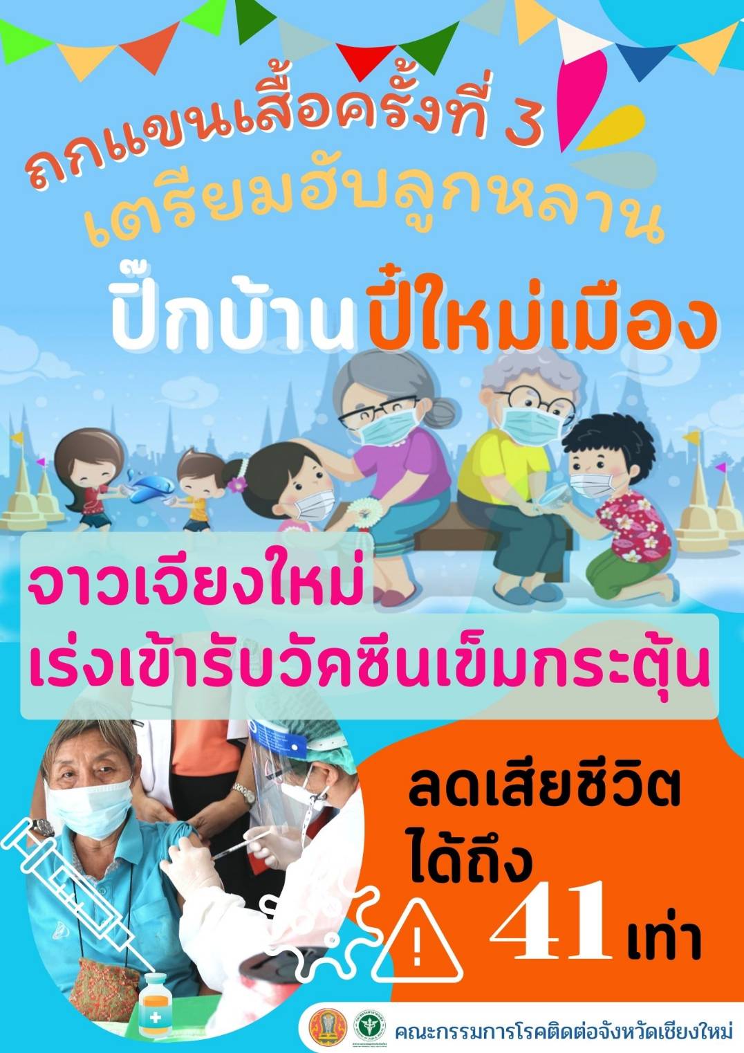 เชียงใหม่ เชิญชวนประชาชน โดยเฉพาะกลุ่มผู้สูงอายุ ฉีดวัคซีนเข็มกระตุ้น เพื่อเตรียมรับลูกหลานในช่วงประเพณีปี๋ใหม่เมือง อีกทั้งการฉีดวัคซีนเข็ม 3 ยังช่วยลดอัตราเสียชีวิต 41 เท่า เทียบกับคนไม่ฉีดเลย เชียงใหม่ เชิญชวนประชาชน โดยเฉพาะกลุ่มผู้สูงอายุ ฉีดวัคซีนเข็มกระตุ้น เพื่อเตรียมรับลูกหลานในช่วงประเพณีปี๋ใหม่เมือง อีกทั้งการฉีดวัคซีนเข็ม 3 ยังช่วยลดอัตราเสียชีวิต 41 เท่า เทียบกับคนไม่ฉีดเลย