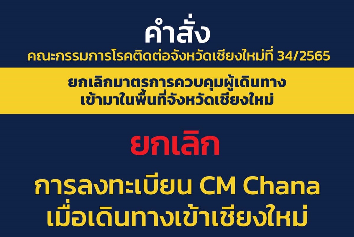 ยกเลิกลงทะเบียน CM CHANA เมื่อเดินทางเข้าเชียงใหม่ คณะกรรมการโรคติดต่อมีมติให้ดำเนินการตามแนวทางกระทรวงสาธารณสุข ยกเลิกลงทะเบียน CM CHANA เมื่อเดินทางเข้าเชียงใหม่ คณะกรรมการโรคติดต่อมีมติให้ดำเนินการตามแนวทางกระทรวงสาธารณสุข