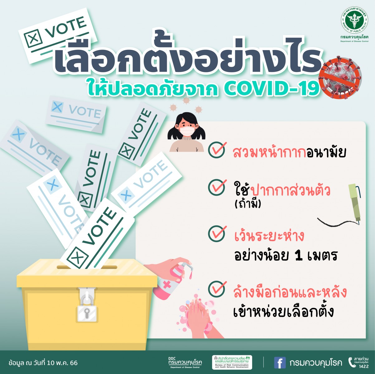 กรมควบคุมโรค แนะประชาชนปฏิบัติตามมาตรการป้องกันโควิด 19 ลดความเสี่ยงแพร่เชื้อวันเลือกตั้ง กรมควบคุมโรค แนะประชาชนปฏิบัติตามมาตรการป้องกันโควิด 19 ลดความเสี่ยงแพร่เชื้อวันเลือกตั้ง