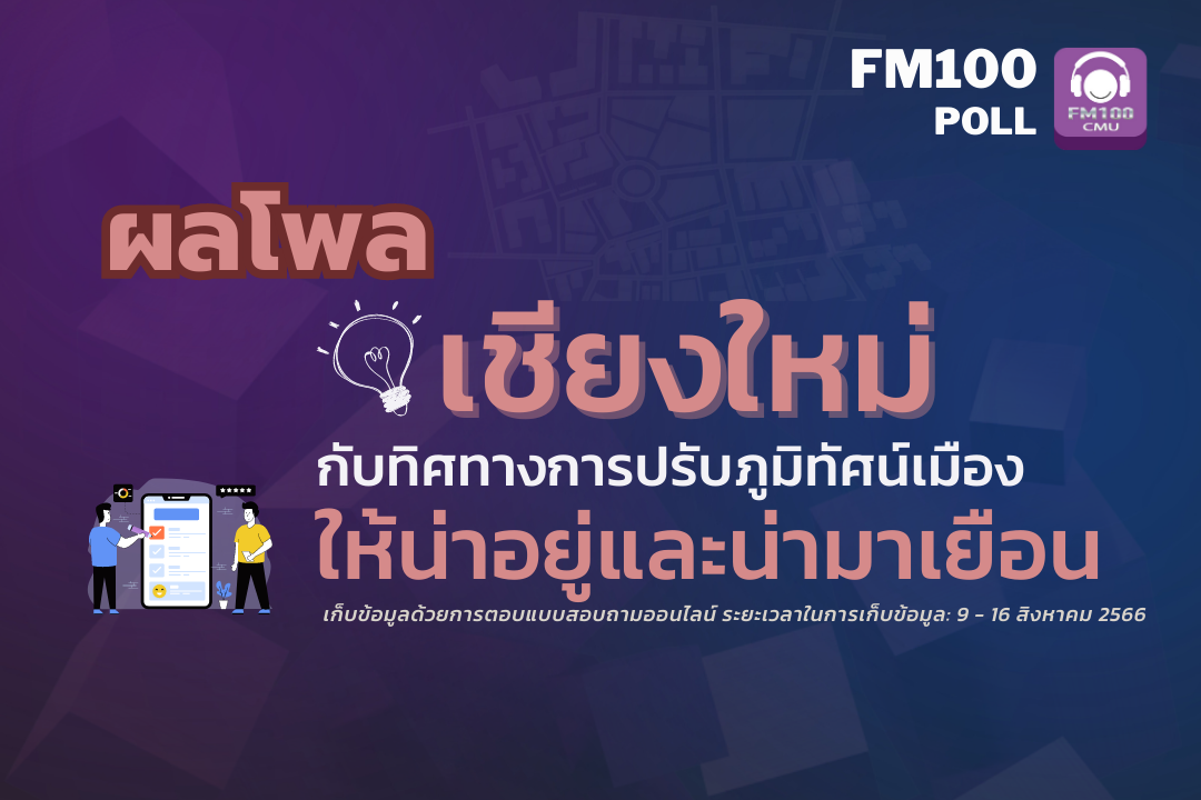 FM100โพล เชียงใหม่กับทิศทางการปรับภูมิทัศน์เมืองให้น่าอยู่และน่ามาเยือน ส่วนใหญ่เห็นด้วยกับโครงการปรับภูมิทัศน์เมืองเชียงใหม่ FM100โพล เชียงใหม่กับทิศทางการปรับภูมิทัศน์เมืองให้น่าอยู่และน่ามาเยือน ส่วนใหญ่เห็นด้วยกับโครงการปรับภูมิทัศน์เมืองเชียงใหม่