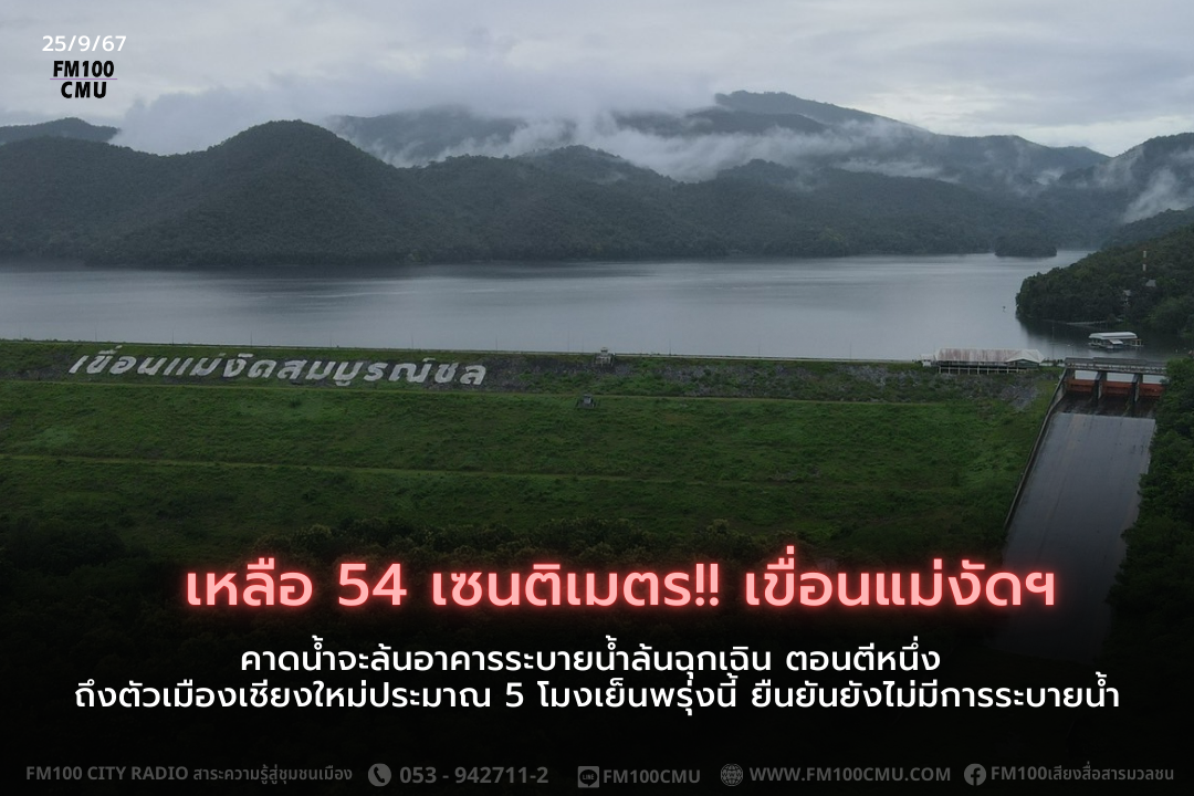 เหลือ 54 เซนติเมตร!! เขื่อนแม่งัดฯ คาดน้ำจะล้นอาคารระบายน้ำล้นฉุกเฉิน ตอนตีหนึ่ง ถึงตัวเมืองเชียงใหม่ประมาณ 5 โมงเย็นพรุ่งนี้ ยืนยันยังไม่มีการระบายน้ำ เหลือ 54 เซนติเมตร!! เขื่อนแม่งัดฯ คาดน้ำจะล้นอาคารระบายน้ำล้นฉุกเฉิน ตอนตีหนึ่ง ถึงตัวเมืองเชียงใหม่ประมาณ 5 โมงเย็นพรุ่งนี้ ยืนยันยังไม่มีการระบายน้ำ