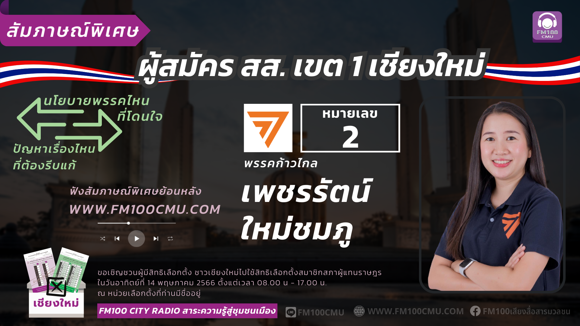 หมายเลข 2 นางสาวเพชรรัตน์ ใหม่ชมภู พรรคก้าวไกล