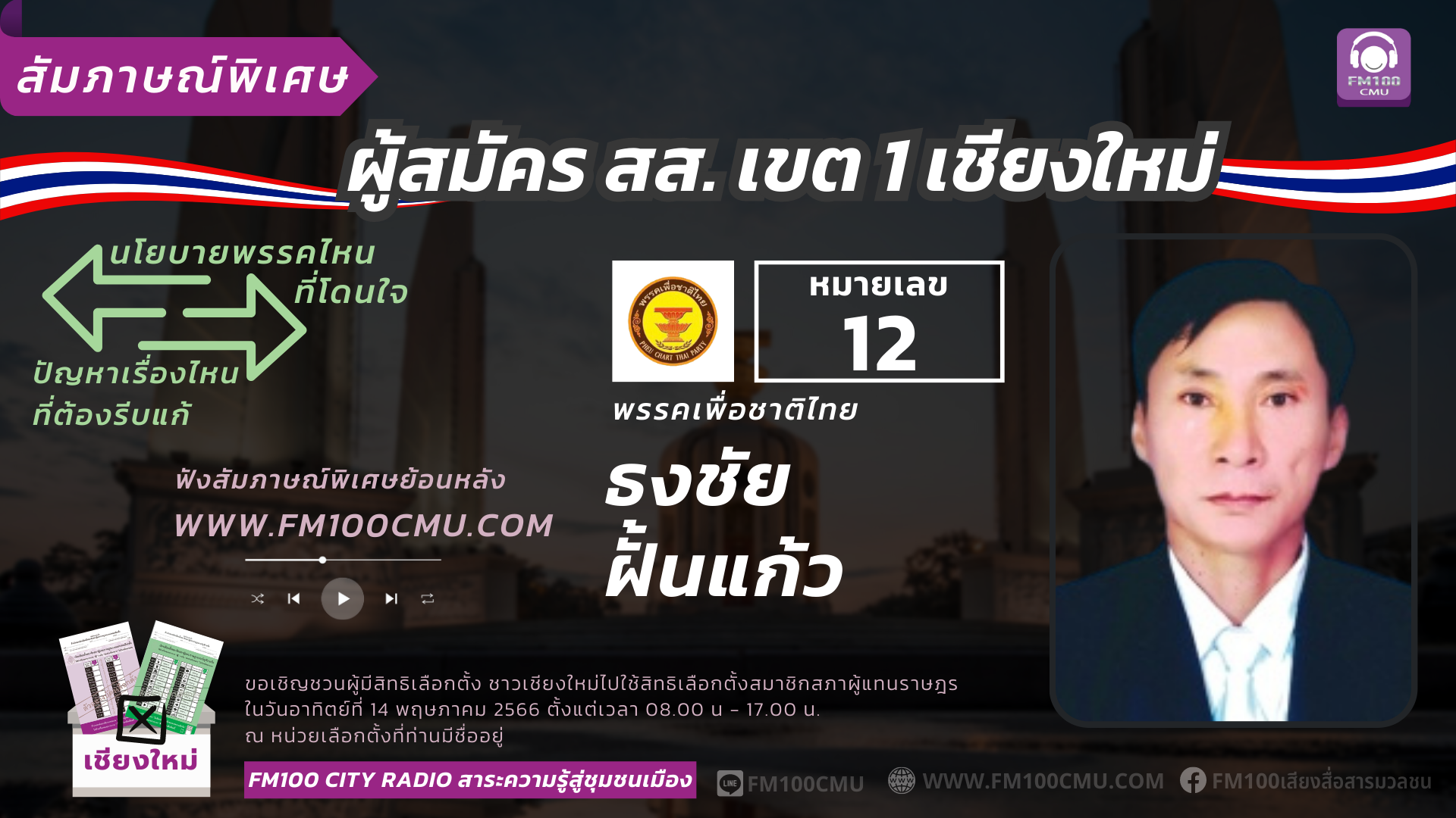 หมายเลข 12 นายธงชัย ฝั้นแก้ว พรรคเพื่อชาติไทย