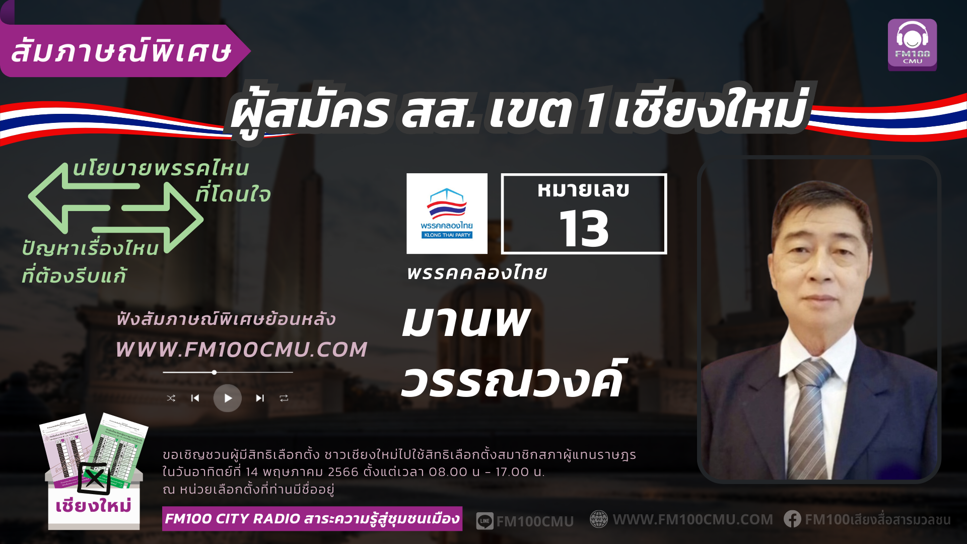 หมายเลข 13 นายมานพ วรรณวงค์ พรรคคลองไทย